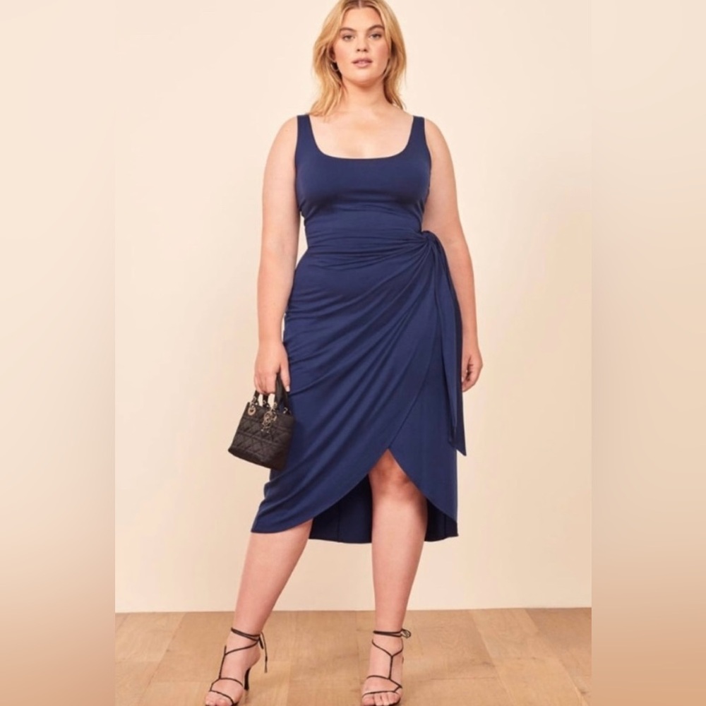 Reformation Kaila Wrap Tank Women Dress Size Large Blue Stretchy Midi Scoop Neck
